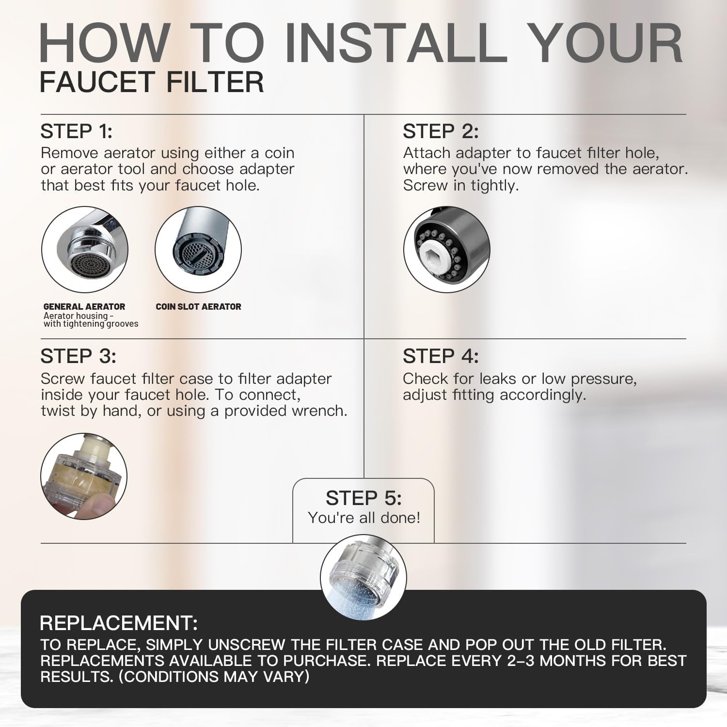 Kitchen and Bathroom Faucet Filter Kit - Includes 10 Adapters - Improves Taste and Odor, Protects Skin and Health - Removes Dirt and Rust (Sediment)