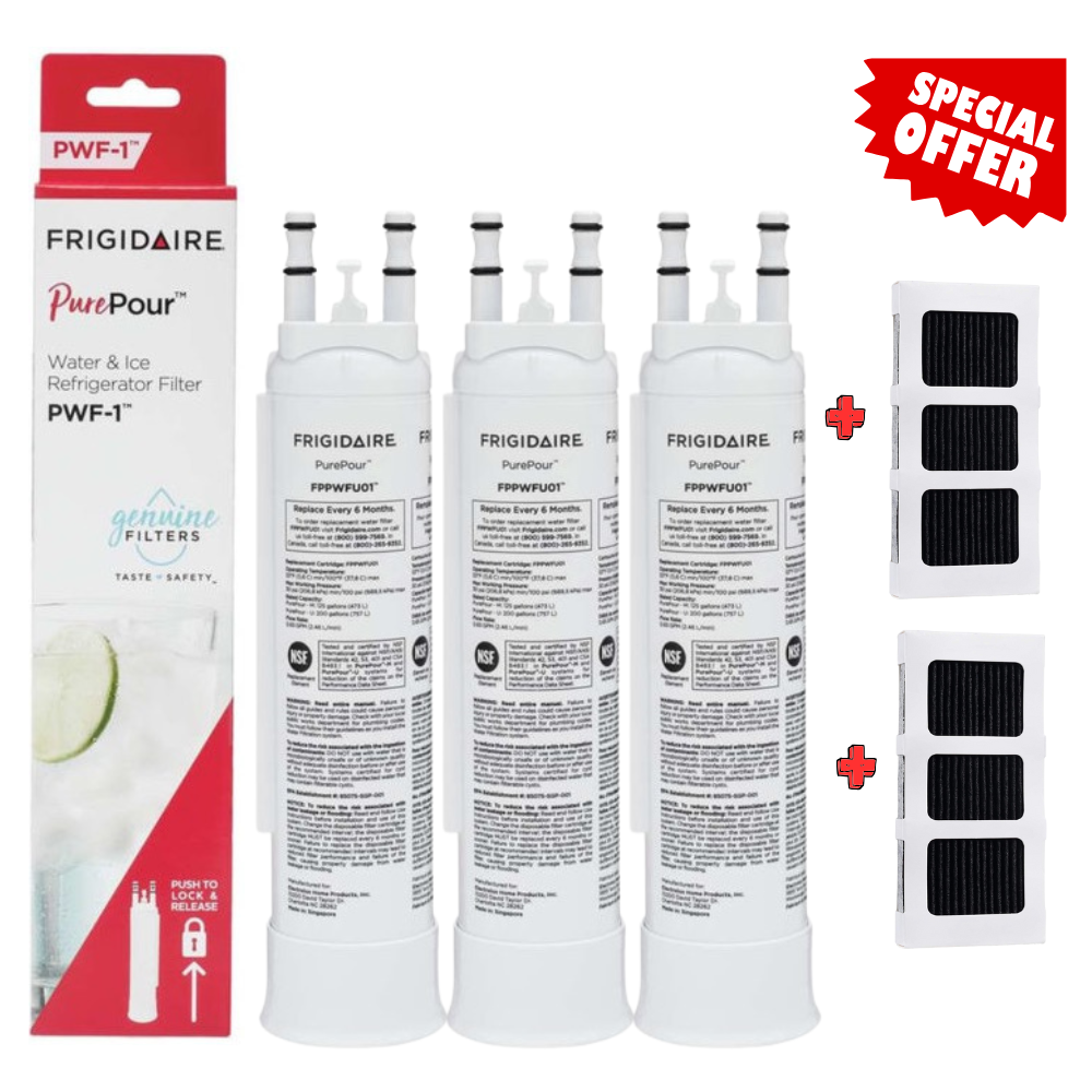 5-Pack Special - 3 Frigidaire PurePour™ Water and Ice Refrigerator Filter PWF-1 FPPWFU01 + 2 Air Filter Combo Pack