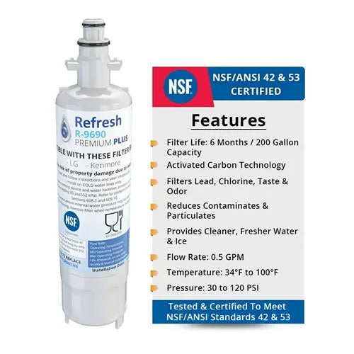 Refresh R-9690 Replacement Refrigerator Water Filter Compatible with Kenmore 46-9690, ADQ36006102 and LG LT700P, ADQ36006101