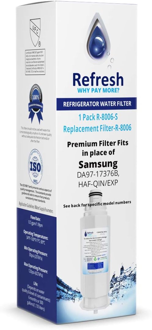 Refresh R-8006-S Replacement Refrigerator Water Filter for Samsung DA97-17376B, DA97-08006C, HAF-QIN, HAF-QIN/EXP, RF23M8070SG, BRF425200AP