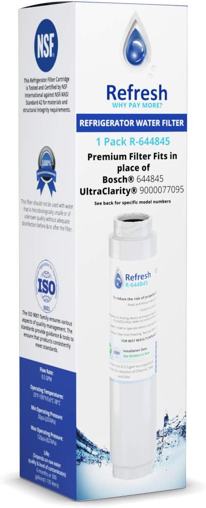 Refresh R-644845 Replacement Refrigerator Water Filter for Bosch Ultra Clarity 644845, 9000194412, 9000077104, Haier 0060820860, 0060218744 and Miele KWF1000BORPLFTR10