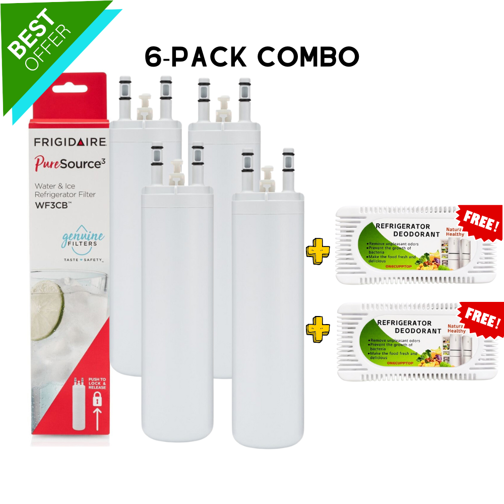 6-Pack Combo Includes 4-Pack Frigidaire WF3CB Refrigerator Replacement Water Filters + 2 Fridge Deodorizers