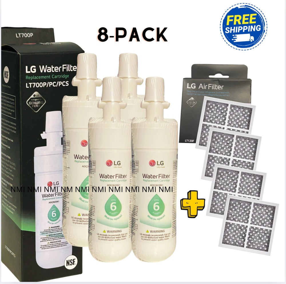 8-Pack LG Combo Includes 4-Pack LT-700 Replacement Refrigerator Water Filters + 4-Pack 120 Air Filters