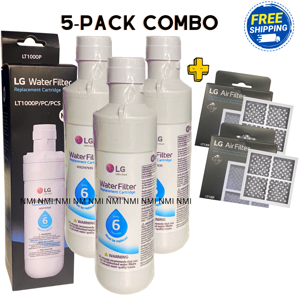 5-Pack LG Combo Includes 3-Pack LT-1000 Replacement Refrigerator Water Filters + 2-Pack 120 Replacement Air Filters